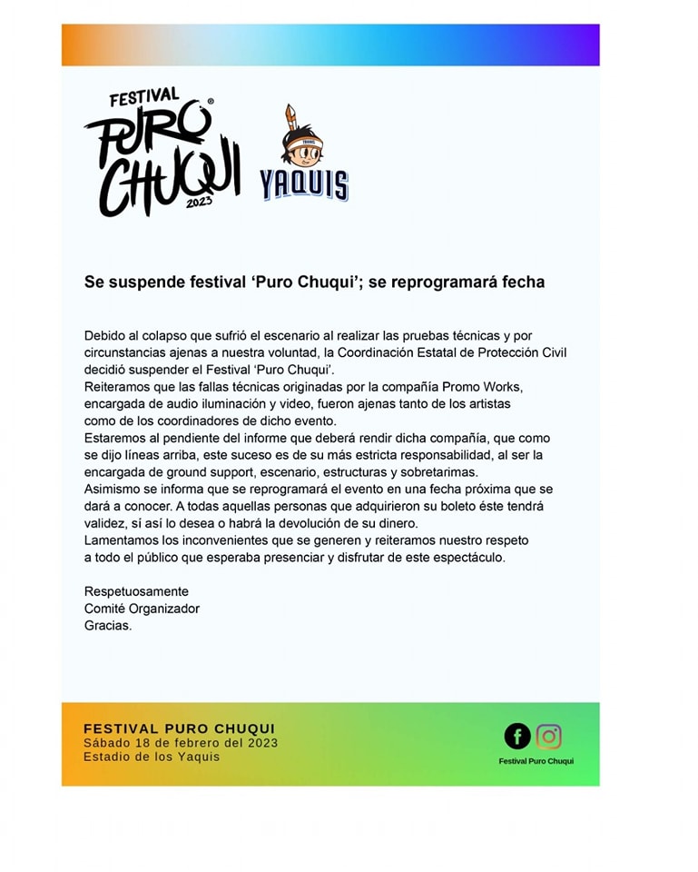 Anuncio de cancelaci&oacute;n de "Puro Chuqui 2023" (v&iacute;a Instagram)